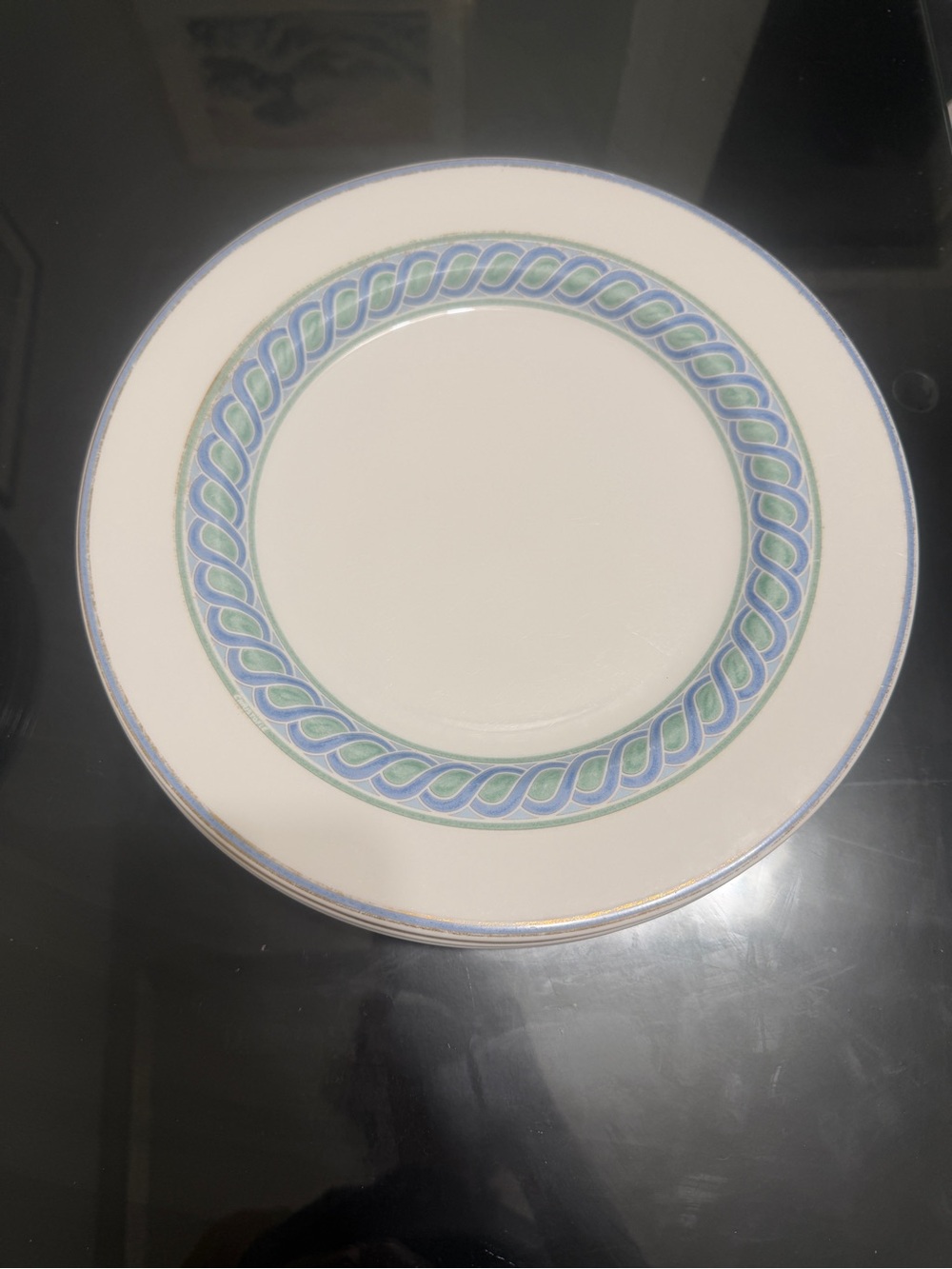 Christofle 8 Dinner Plates with Blue and Green Rope Border and Gold Rim